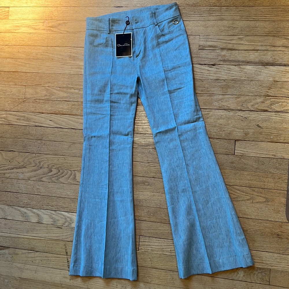 Oscar de la Renta Linen Blue Mid Rise Pant Sz 8